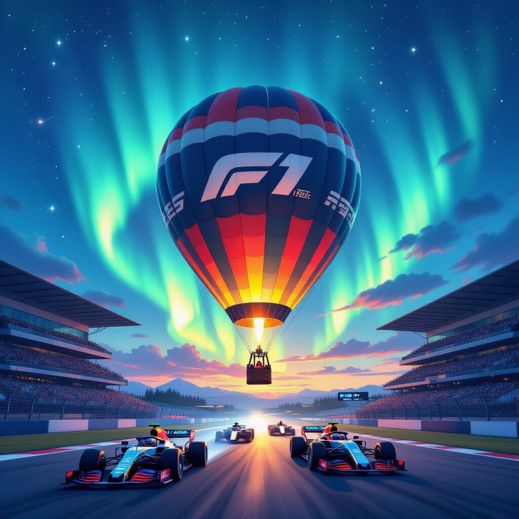 Hot Air Balloon with F1 Motifs and Aliens Under Aurora