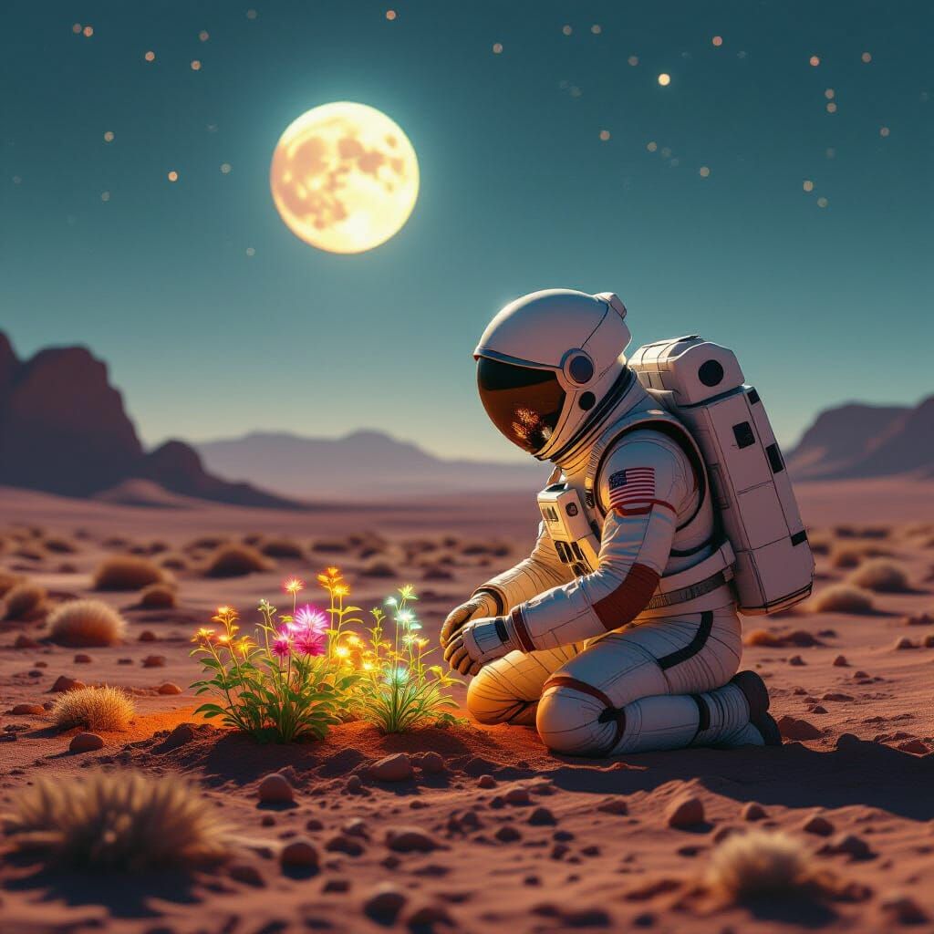 Astronaut Tends Alien Garden on Mars with Earthrise