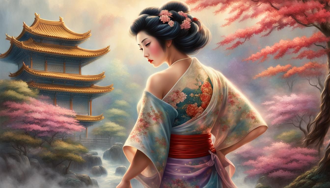 Curvaceous Geisha Bodybuilder Portrait in Ethereal Style