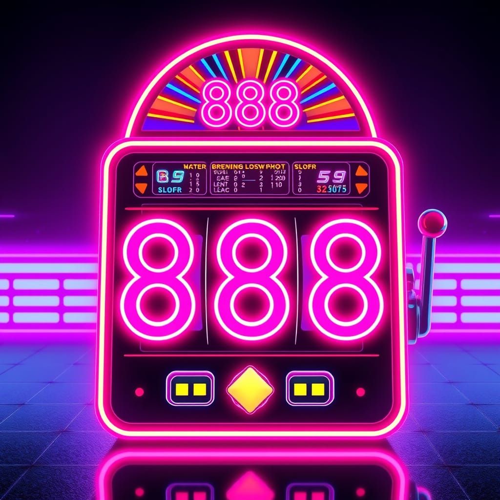 A slot machine with the number 888 neon retro synthwave