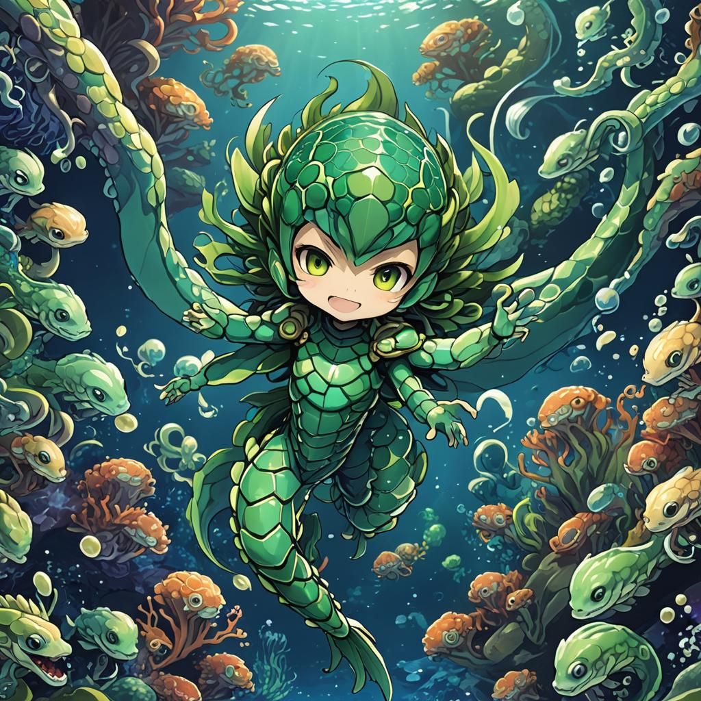 Chibi Anime Ocean Hydra in Deep Sea