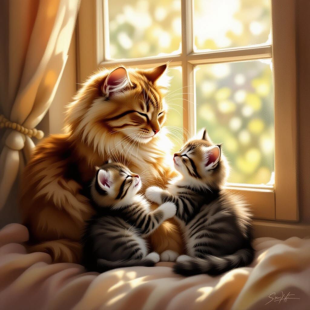 Heartwarming Cat Family in Sunlit Nook