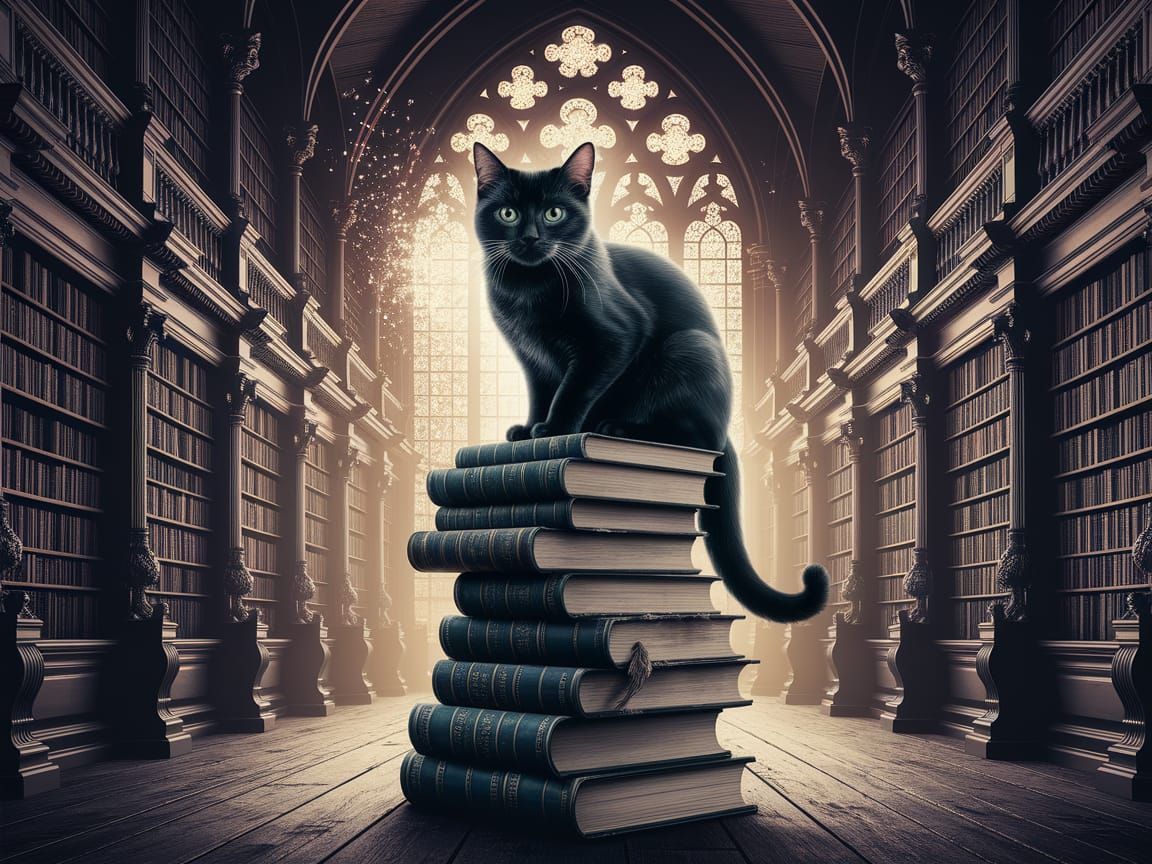 Black Cat in Gothic Library with Ancient Tomes