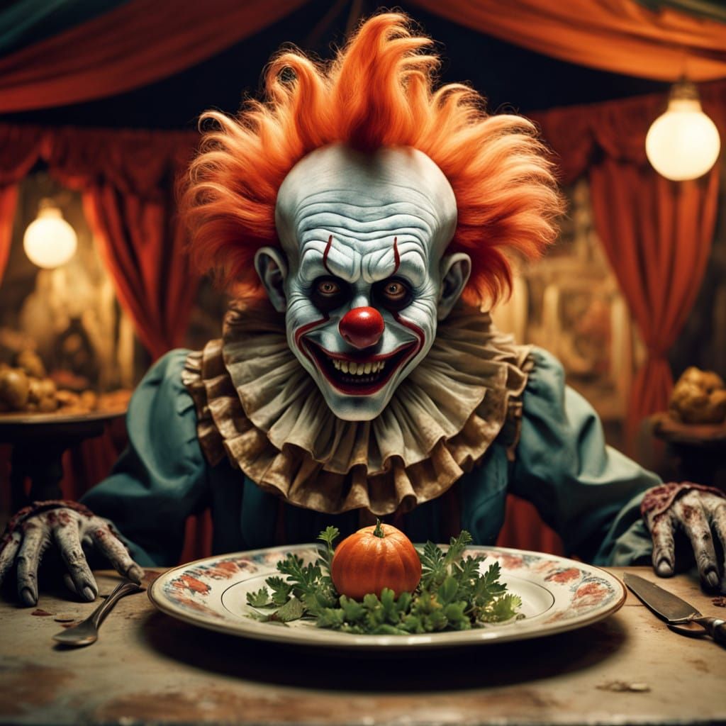 Grotesque Carnival Clown Savoring Human Brain on Antique Pla...