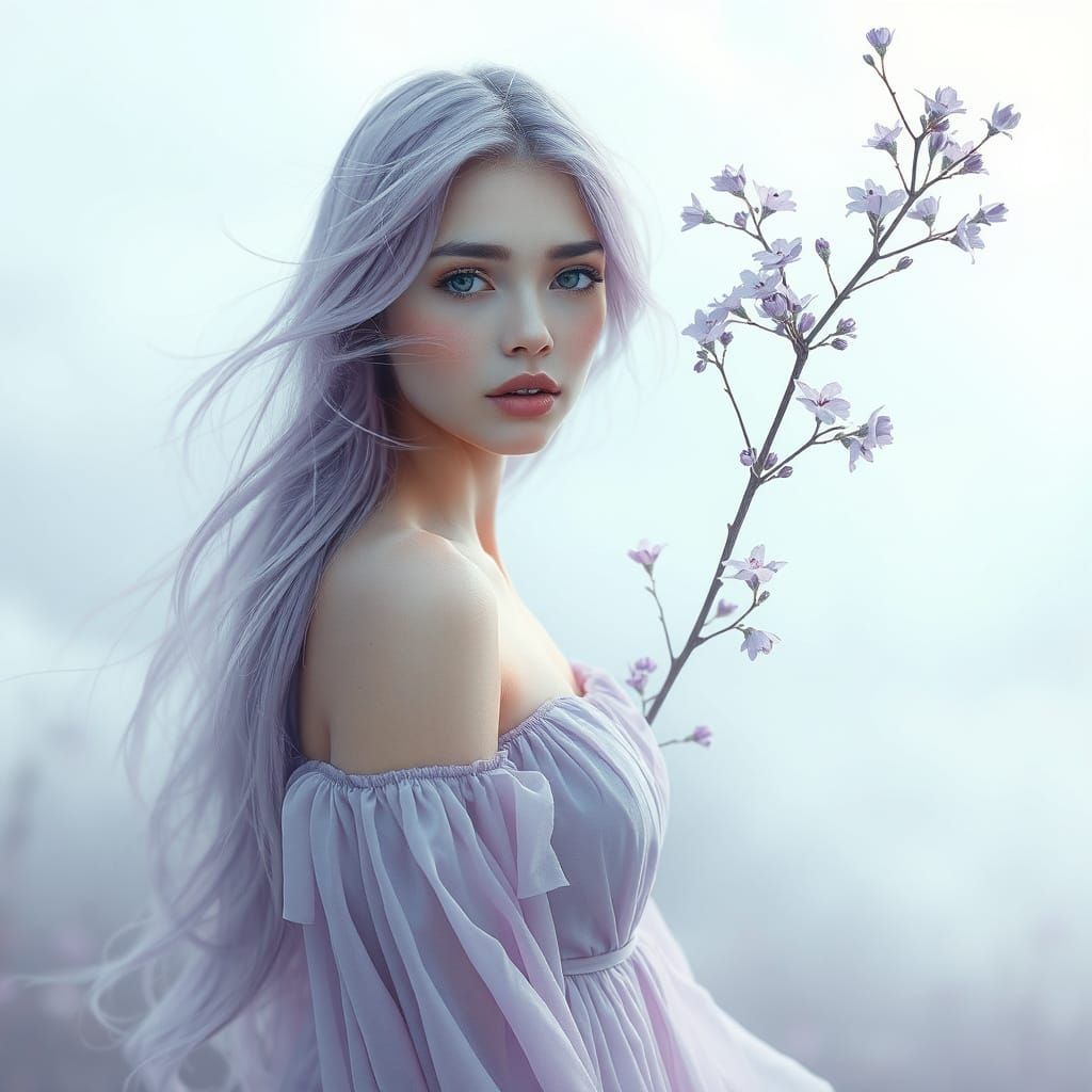 An ethereal beautiful young woman, long windswept lavender hair, light amethyst eyes, gorgeous, gossamer silk long flowi...