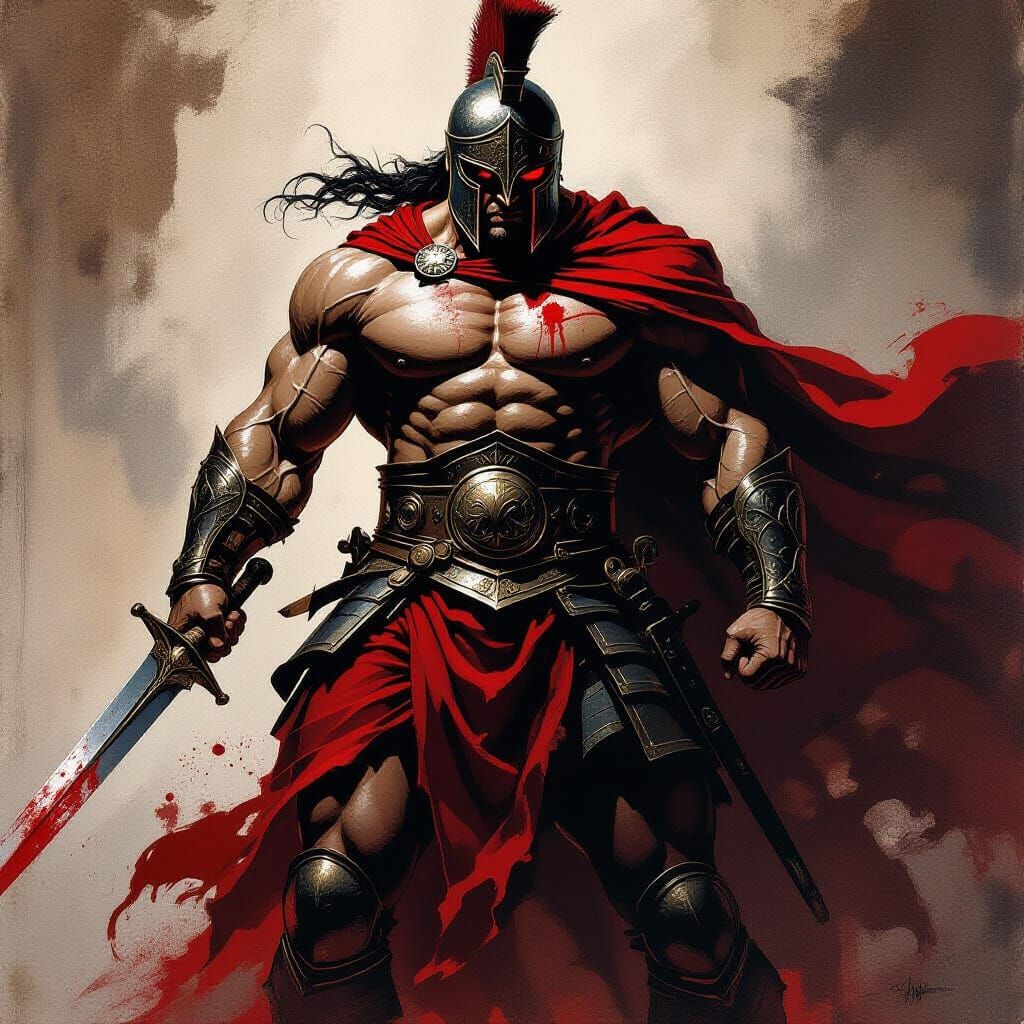 Fierce Gladiator in Splash Ink Painting Style