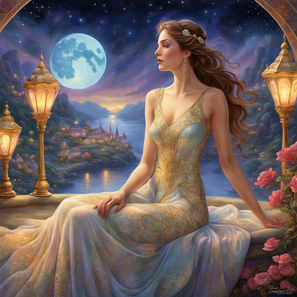 Ethereal Beauty in Lunar Light, Art Nouveau