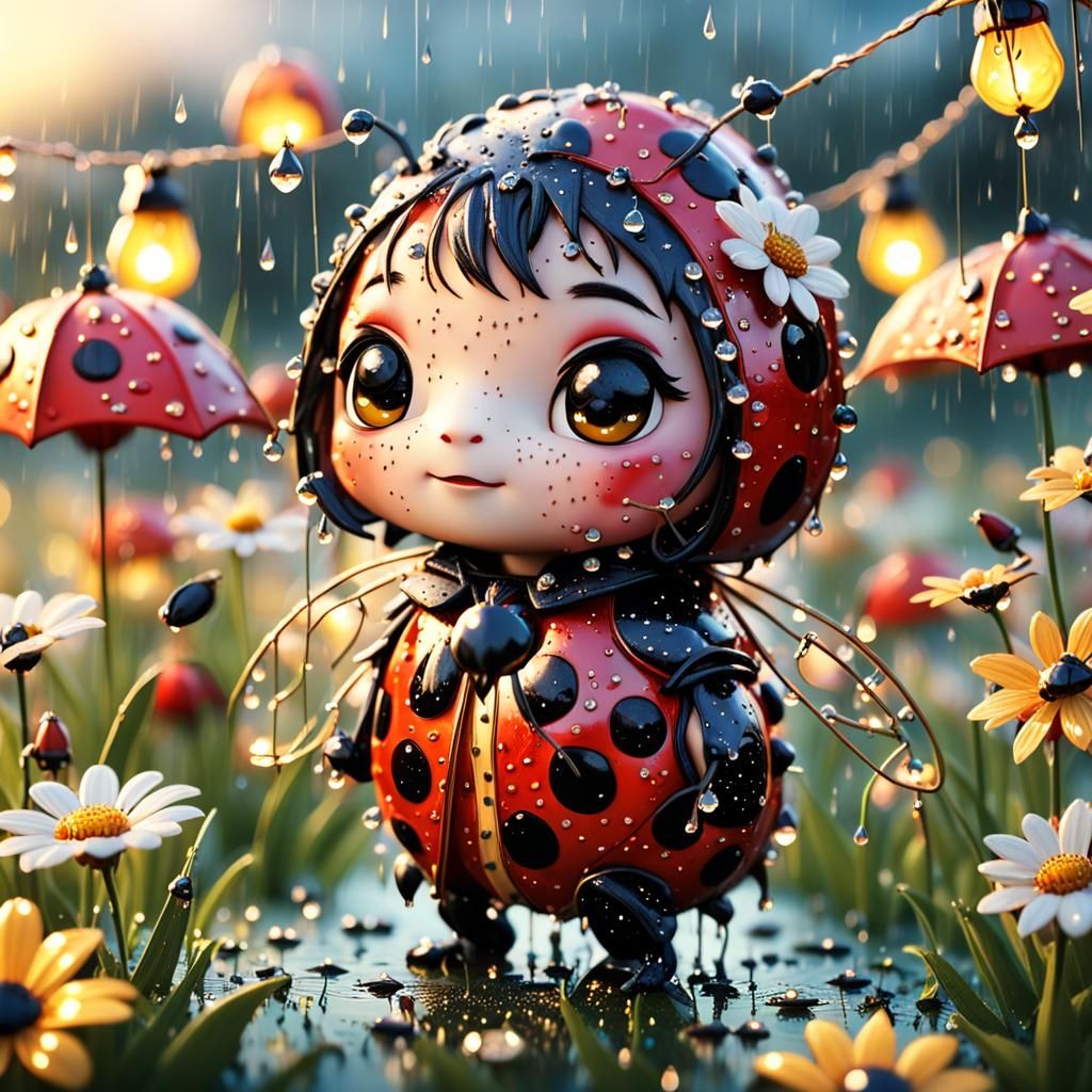 Chibi Ladybug in Rainy Flower Field at Sunset