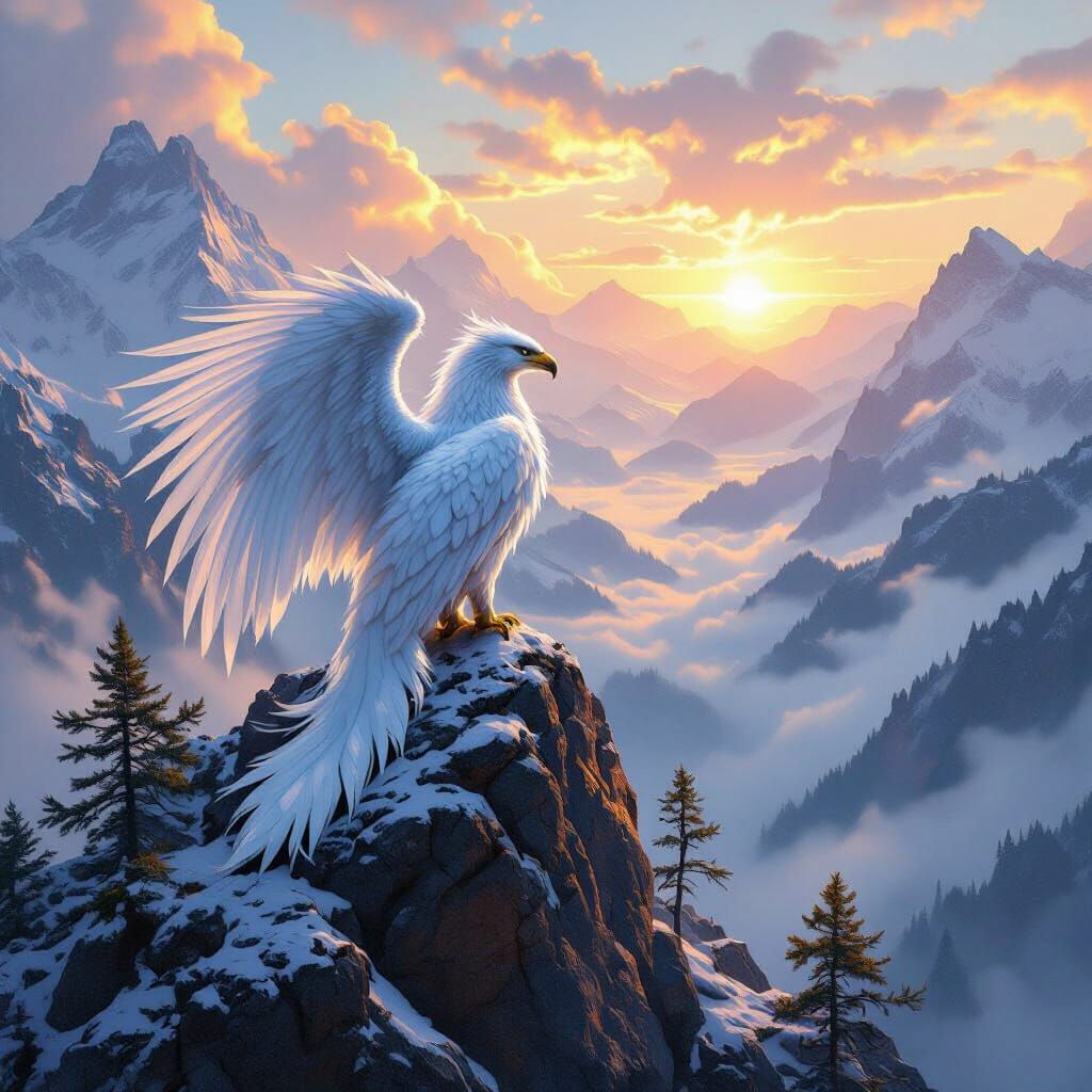 Iridescent Griffin Perched on Mountain Peak