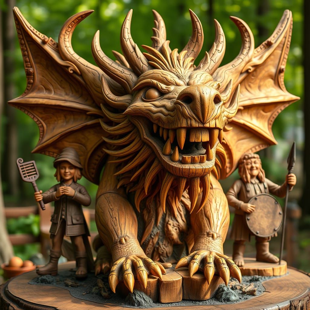 Detailed Wood Sculpture of Mythical Creature with Ragtime Ba...