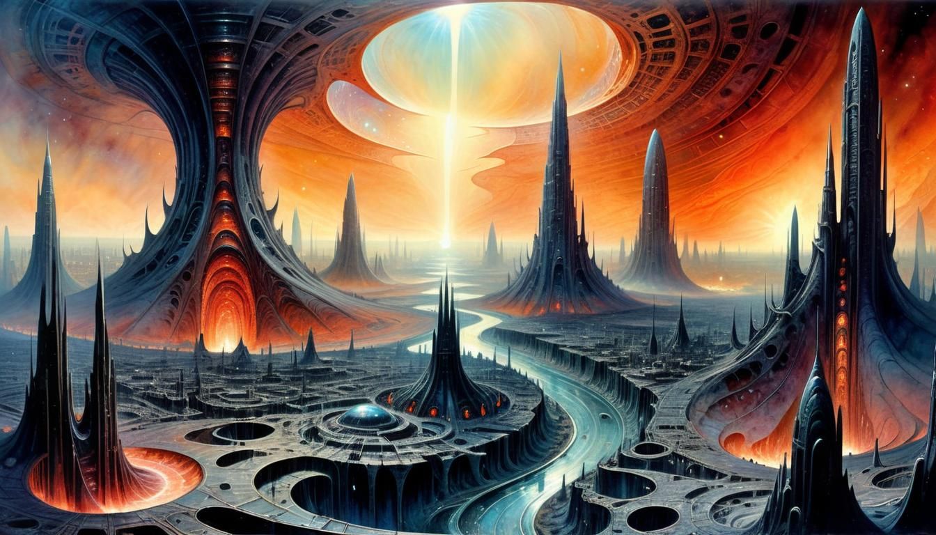 Futuristic Alien City with Magma in Psychedelic Art Style