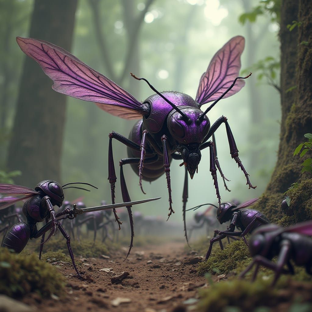 Majestic Metallic Wasp Army Battles Sword-Wielding Ants in A...