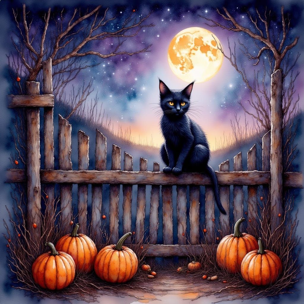 Black Cat on Fence Under Full Moon in Watercolor Style