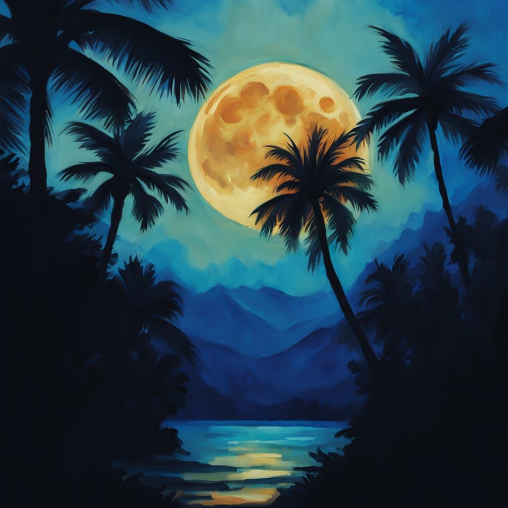 Palm Tree Under Moonlit Sky: Gouache and Watercolor