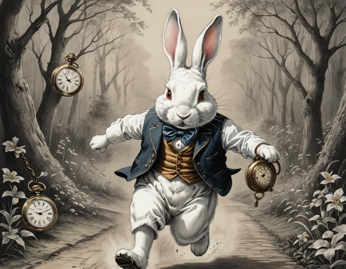 Running White Rabbit in Wonderland, Storybook Illustration