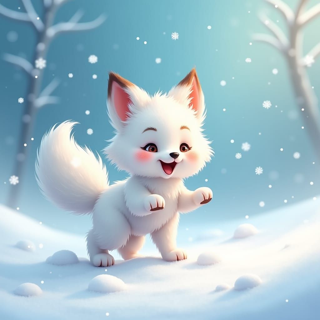 Snow Fox Cub Frolicking in Winter Wonderland