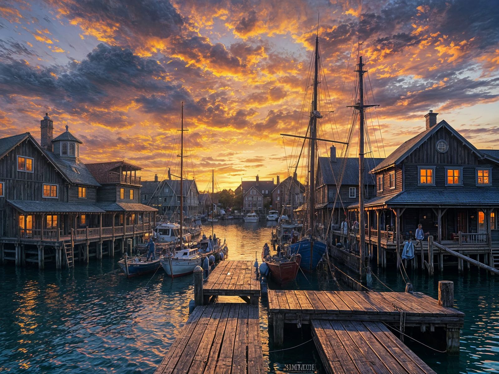 Colorful Fishing Village at Sunset in Impasto Oil Painting