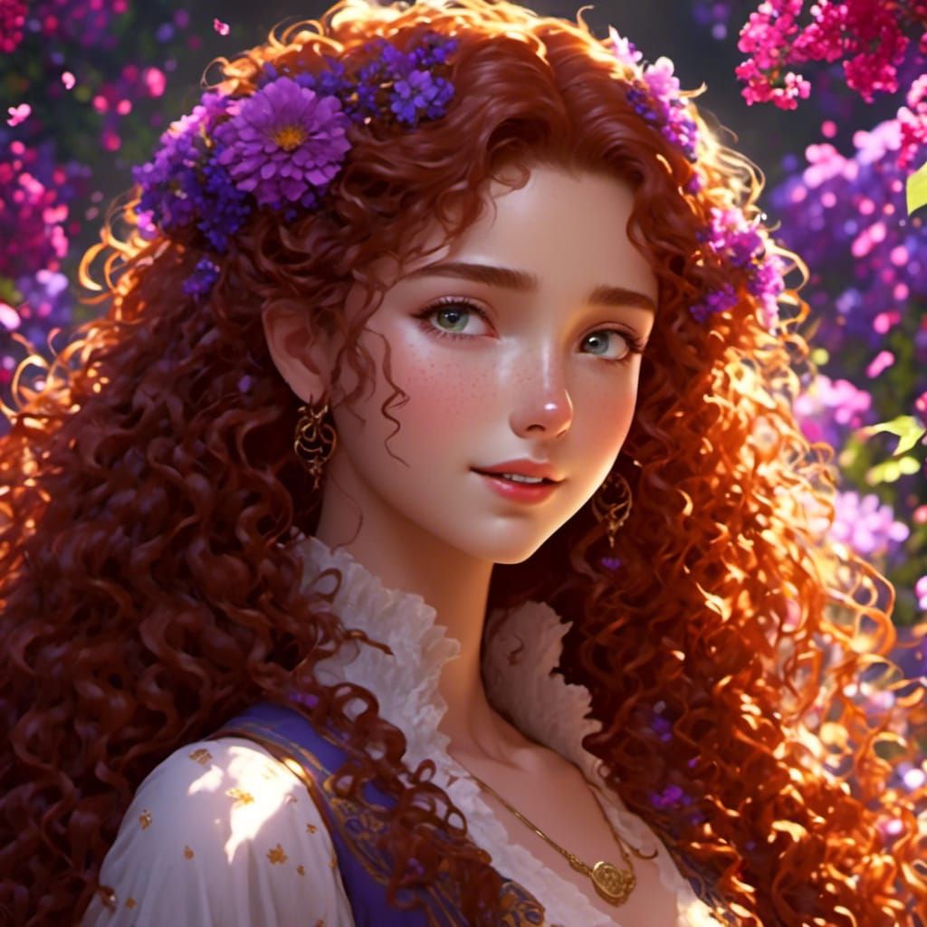 Anime Woman with Curly Hair and Freckles