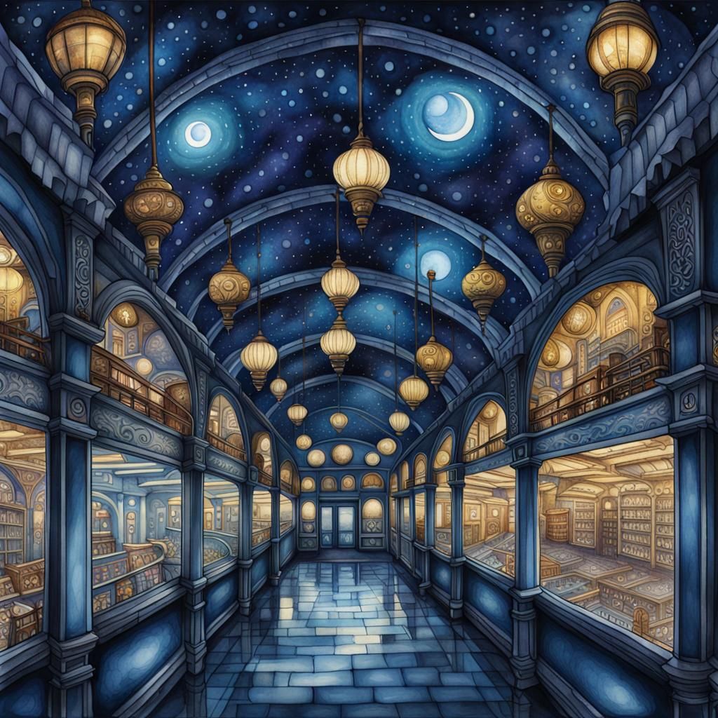 Abandoned Arcade in Indigo Liquid Ink Watercolor