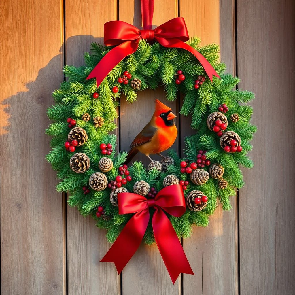 Red Cardinal on Rustic Winter Door Wreath