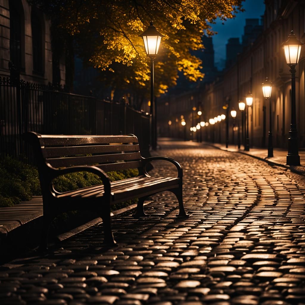 Lamppost Lights Lonely Bench on Cobblestone Street