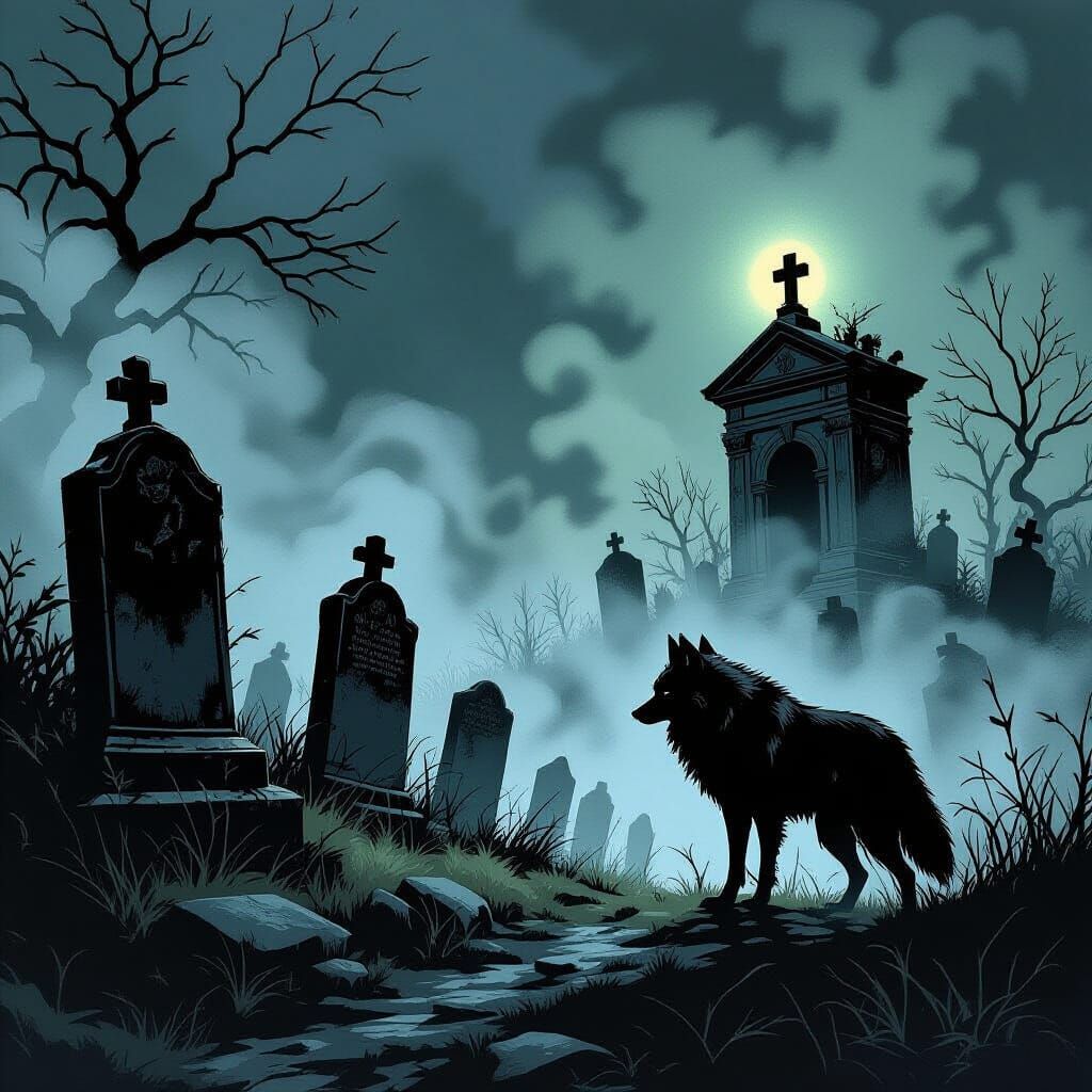 Lone Wolf in Misty Cemetery, Dark Comic Art Style