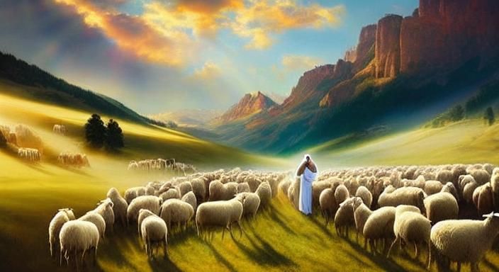 Jesus Christ watching over his flock of sheep between the va...