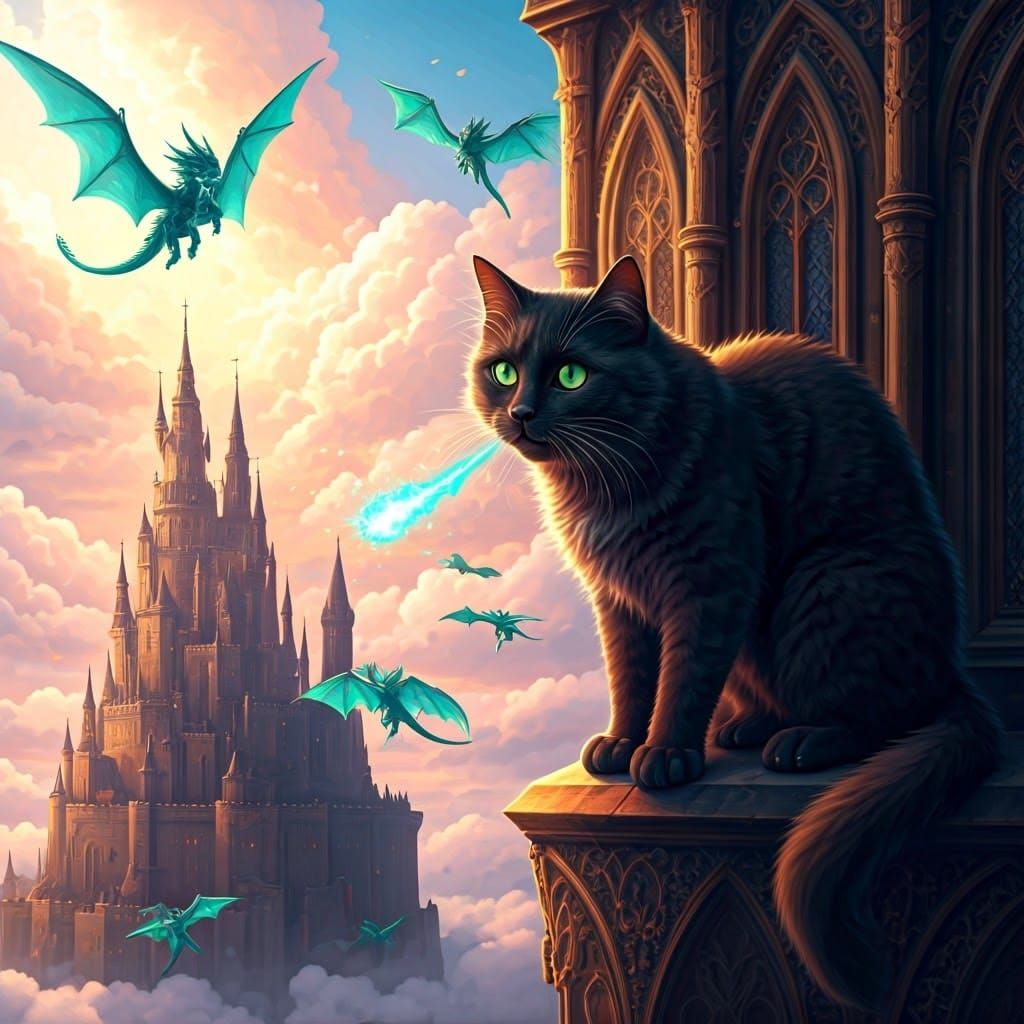 Majestic Black Cat Surrounded by Iridescent Dragons in Whims...