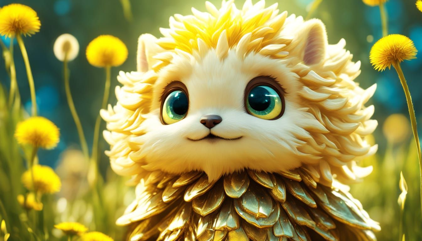 Golden Dandelion Humanoid in Vibrant Anime Style