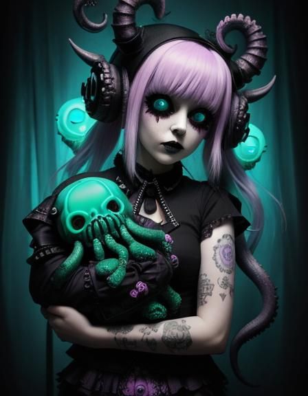 Pastel Punk Princess Cuddling Cthulhu Doll