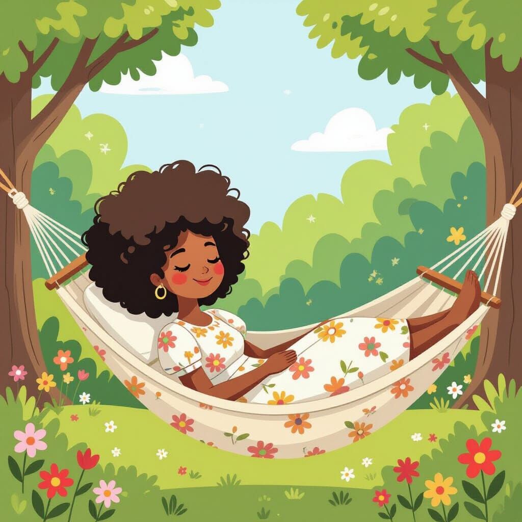 Woman in Hammock: Whimsical Coloring Page Illustration