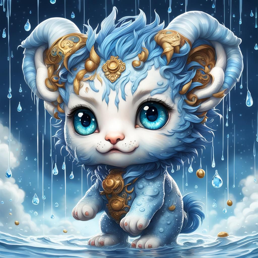 Chibi Chimera in Rainy Sky, Digital Art