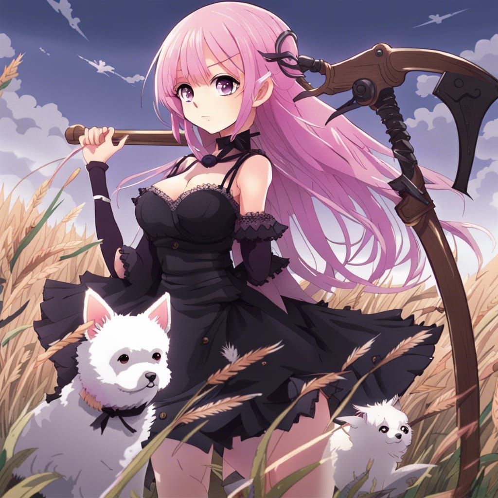 Pink Haired Anime Woman With Scythe and Dog