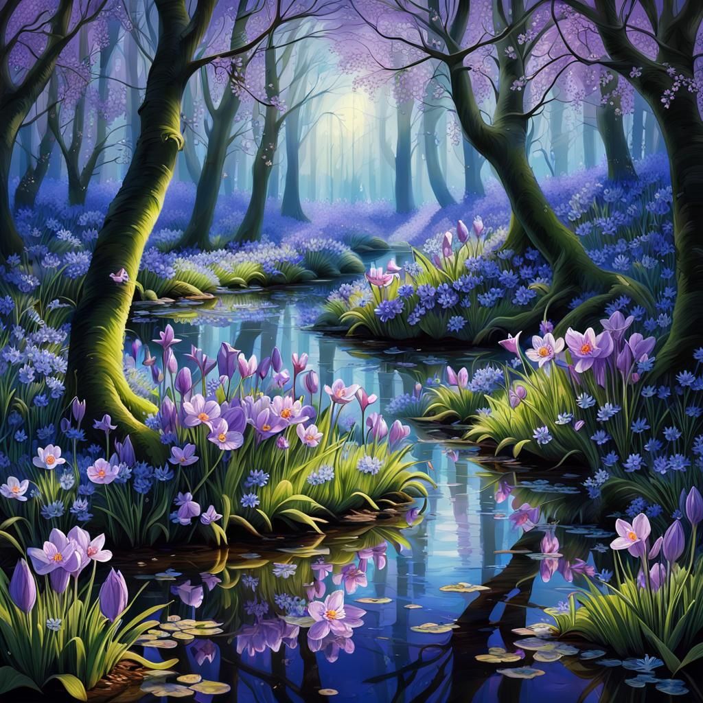 Enchanted Spring Woodland with Bluebells and Blossoms