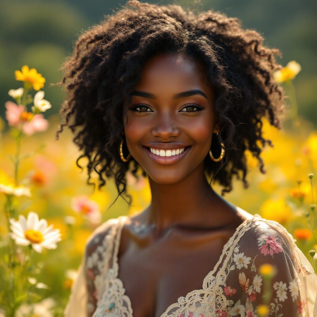 Radiant Black Woman in Wildflower Field Portrait