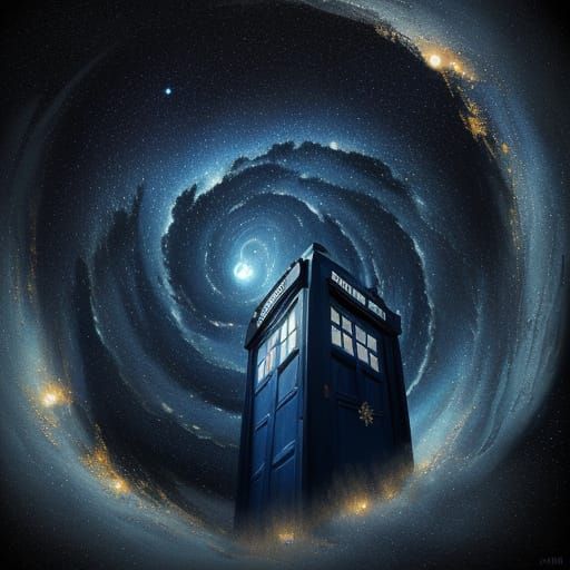 Starry Night Sky with TARDIS in Vibrant, Impressionist Style