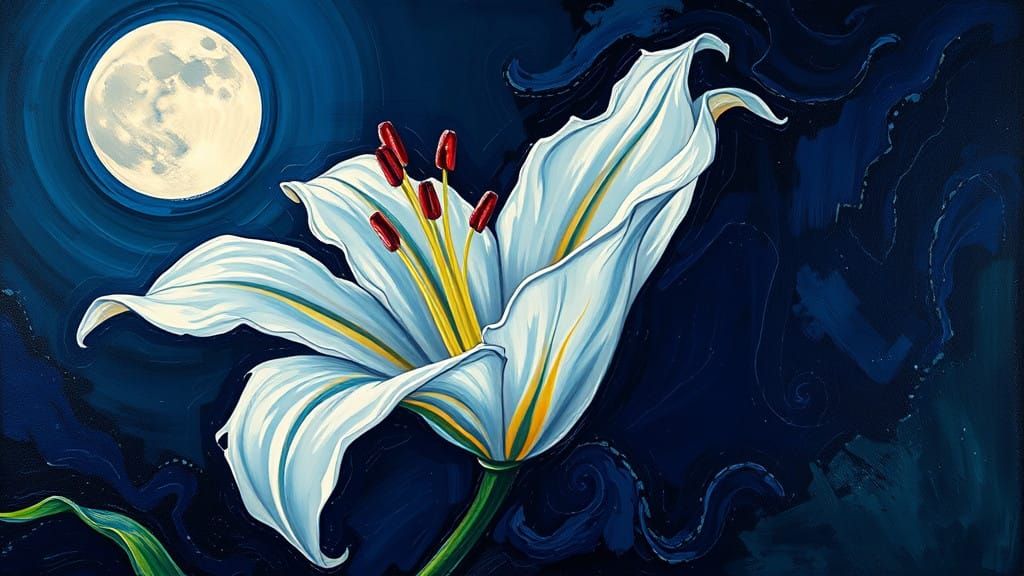 Vibrant Expressionist Lily in Moonlit Night