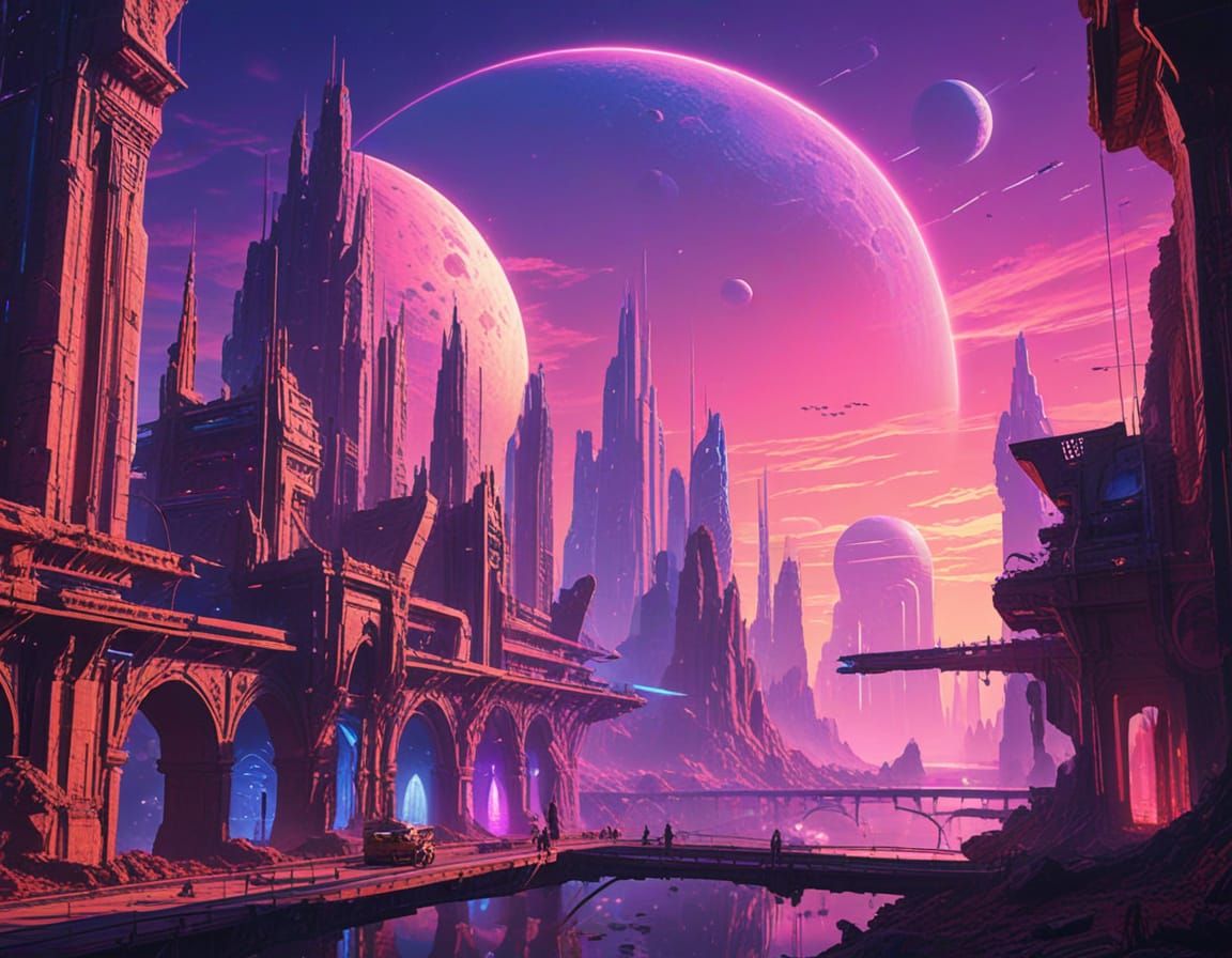 Retro-Futuristic Mars Cityscape in Neon Hues