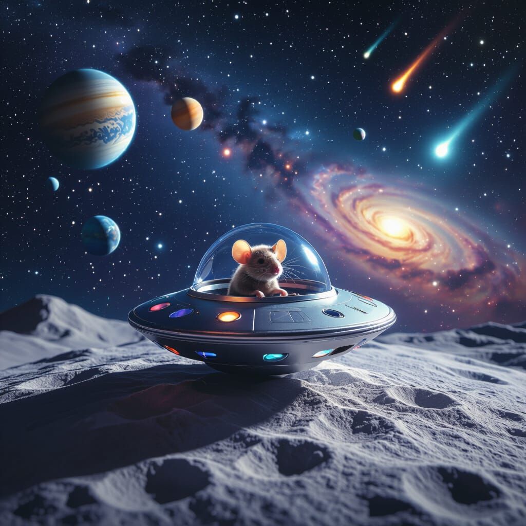Hyperrealistic UFO with Alien Mouse Pilot on Moon Surface