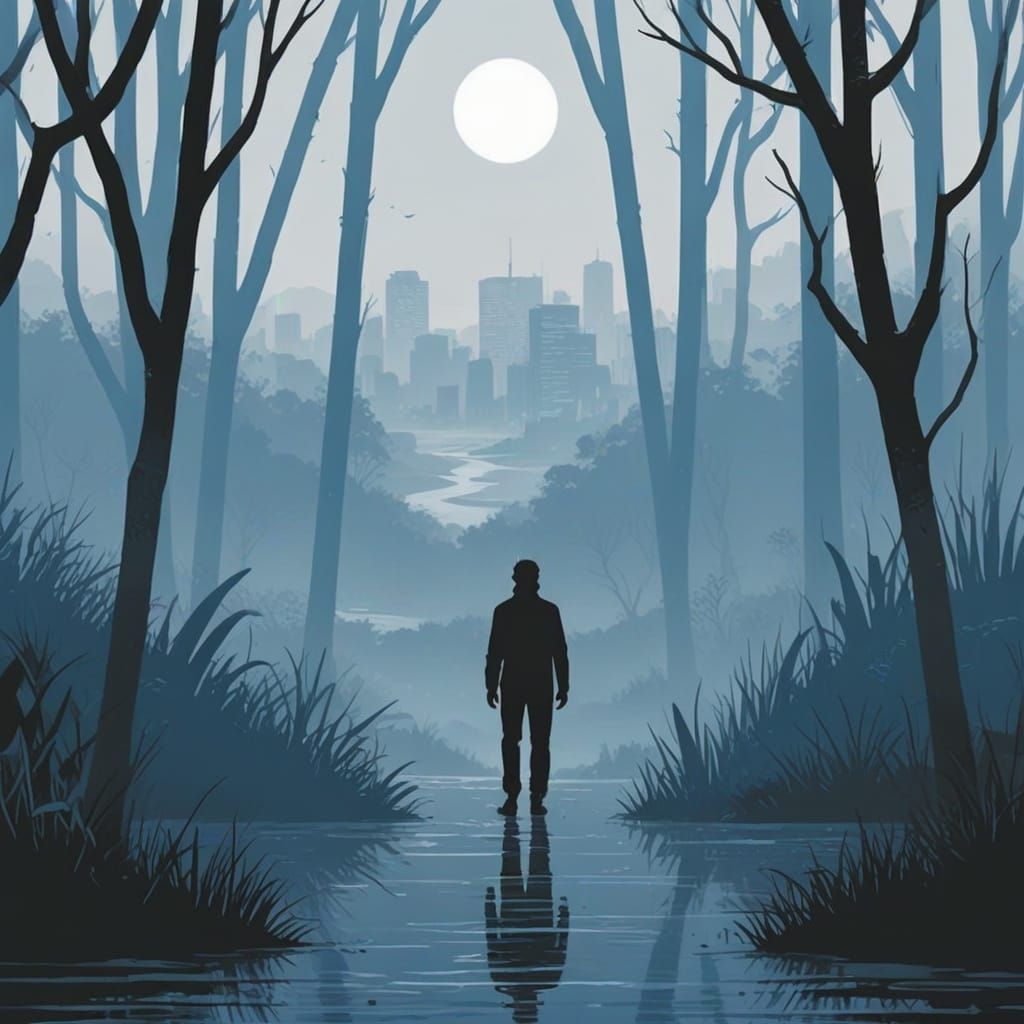 Figure Walks Through Wet Forest to Distant City in Digital P...