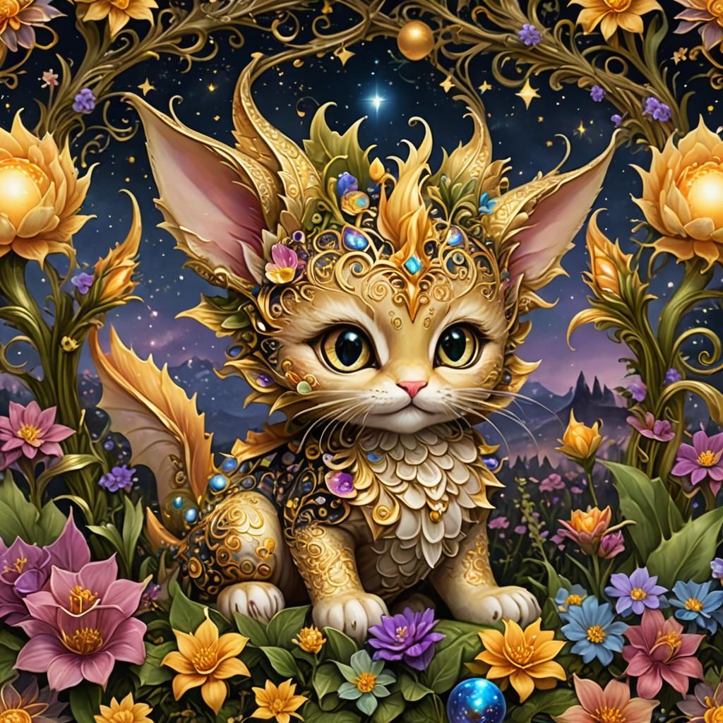 Golden Cat Dragon in Whimsical Landscape