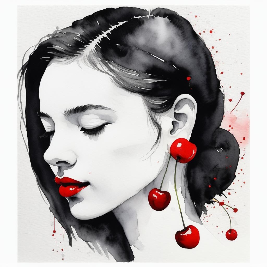 Minimalist Watercolor Portrait with Cherries