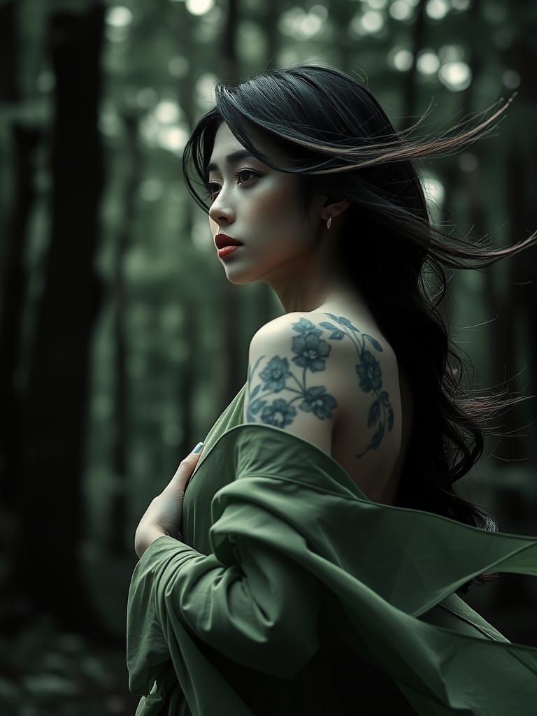 Asian Model in Black and White Double Exposure