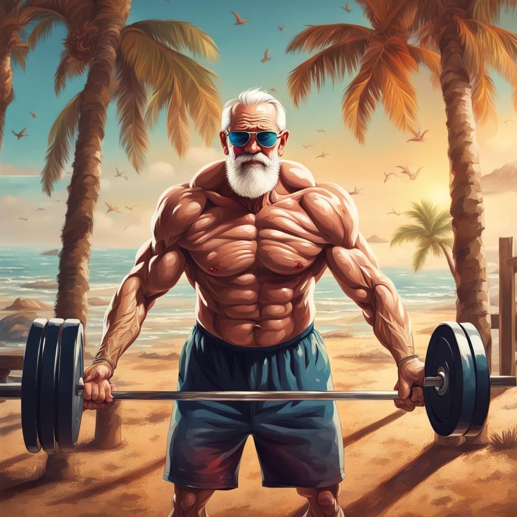 Hyperrealistic Old Man Lifting Weights on Beach