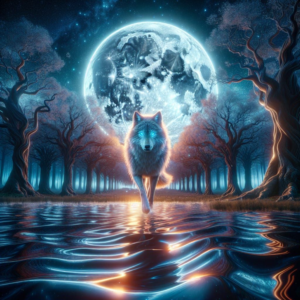 Luminous Moonlit Forest, Guided by a Mystical Wolf in a Fant...