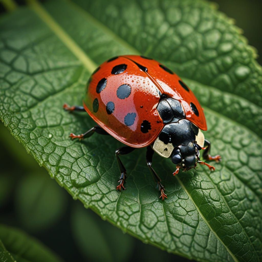 Vibrant Red Ladybug on Green Leaf: Fantasy Illustration