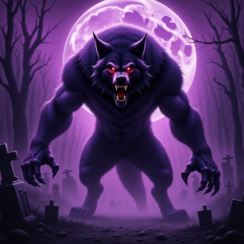 Menacing Dark Fantasy Werewolf Amidst a Haunting Graveyard S...