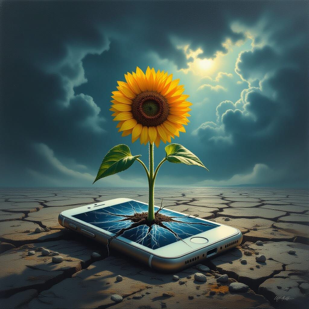 Sunflower Sprouts from Cracked Phone: Gritty Oil Painting