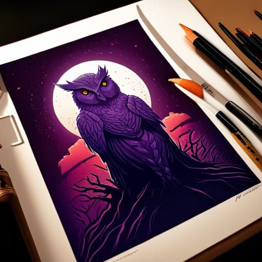 High Gothic Purple Owl in Comic Book Art Style