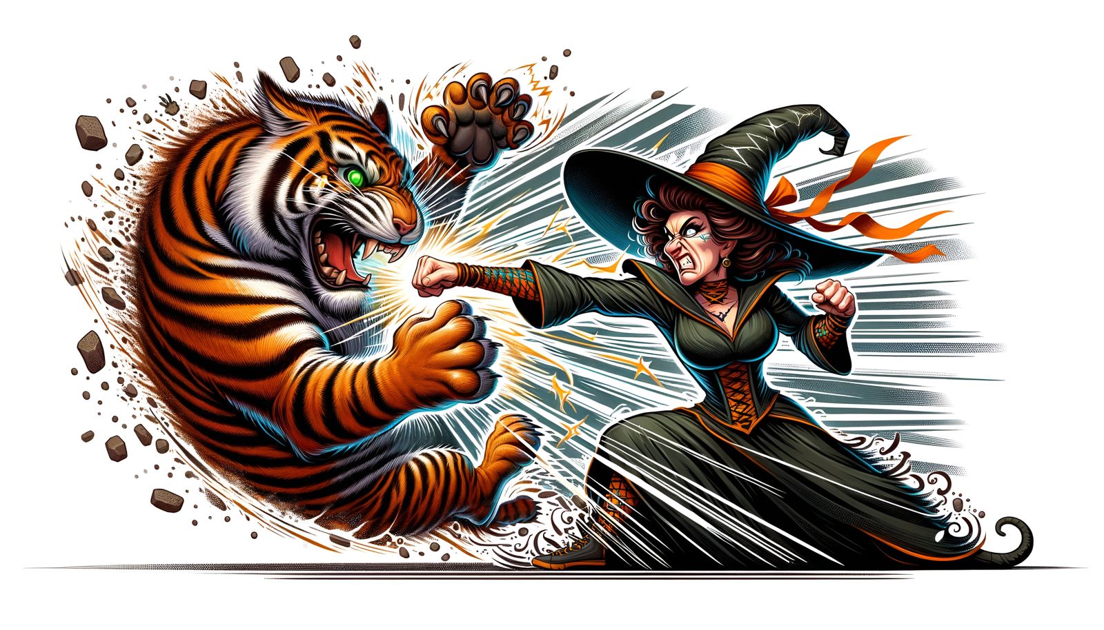 Whimsical Sorceress Punches Tiger in Playful Confrontation